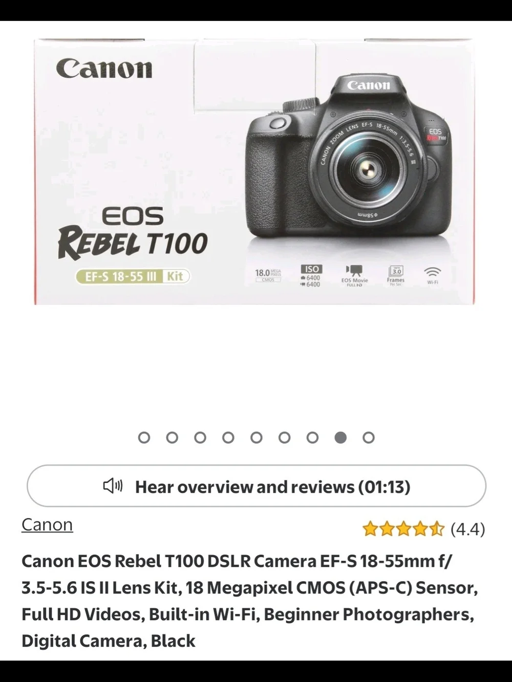 Canon EOS Rebel T100 DSLR Camera in Black with 18-55mm Lens